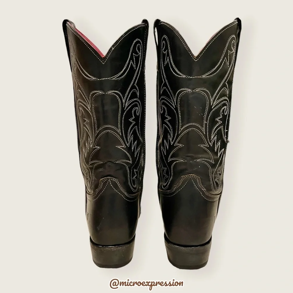 VINTAGE 1990 Frye Black Red Contrast Leather Embroidery Stitch Tall Cowboy Boot